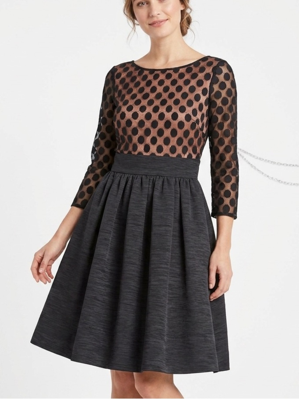 Eliza J Black Polka Dot Mesh Illusion Bodice Fit & Flare Cocktail Dress